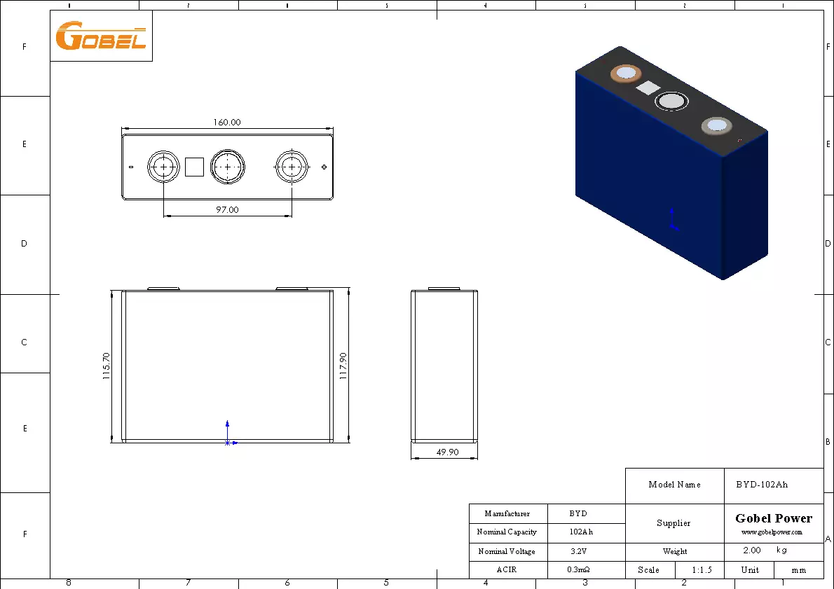 EVE 230Ah LiFePO4 Battery Cell CAD Drawing with Dimensions and Main Parameters