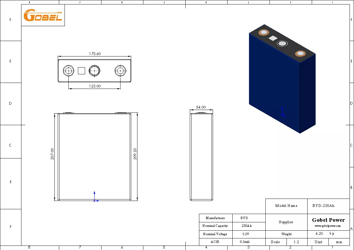 EVE 230Ah LiFePO4 Battery Cell CAD Drawing with Dimensions and Main Parameters