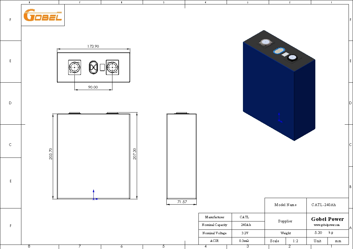 CATL 240Ah LiFePO4 Battery Cell CAD Drawing with Dimensions and Main Parameters