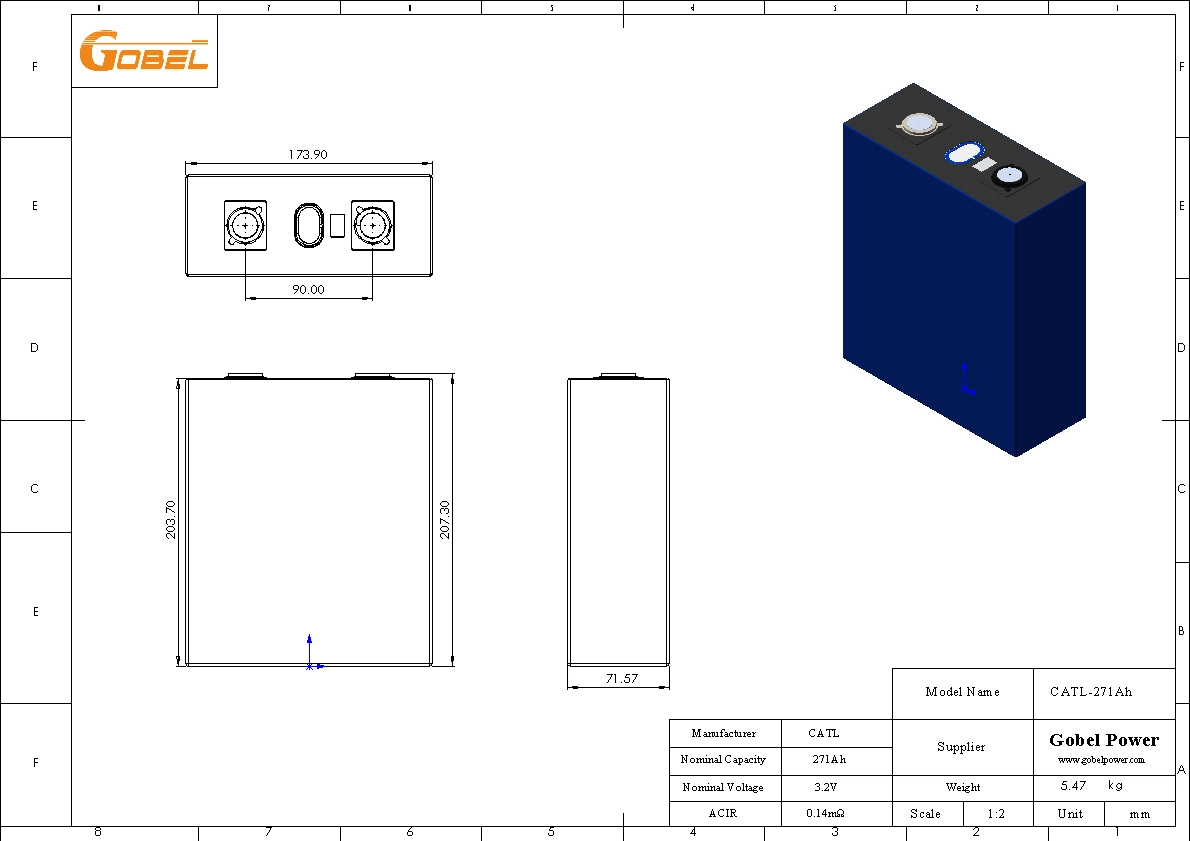 CATL 271Ah LiFePO4 Battery Cell CAD Drawing with Dimensions and Main Parameters