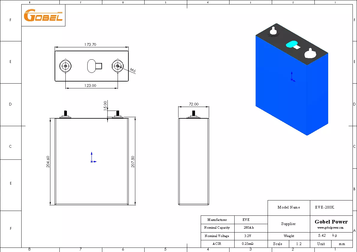 EVE 280Ah LiFePO4 Battery Cell CAD Drawing with Dimensions and Main Parameters