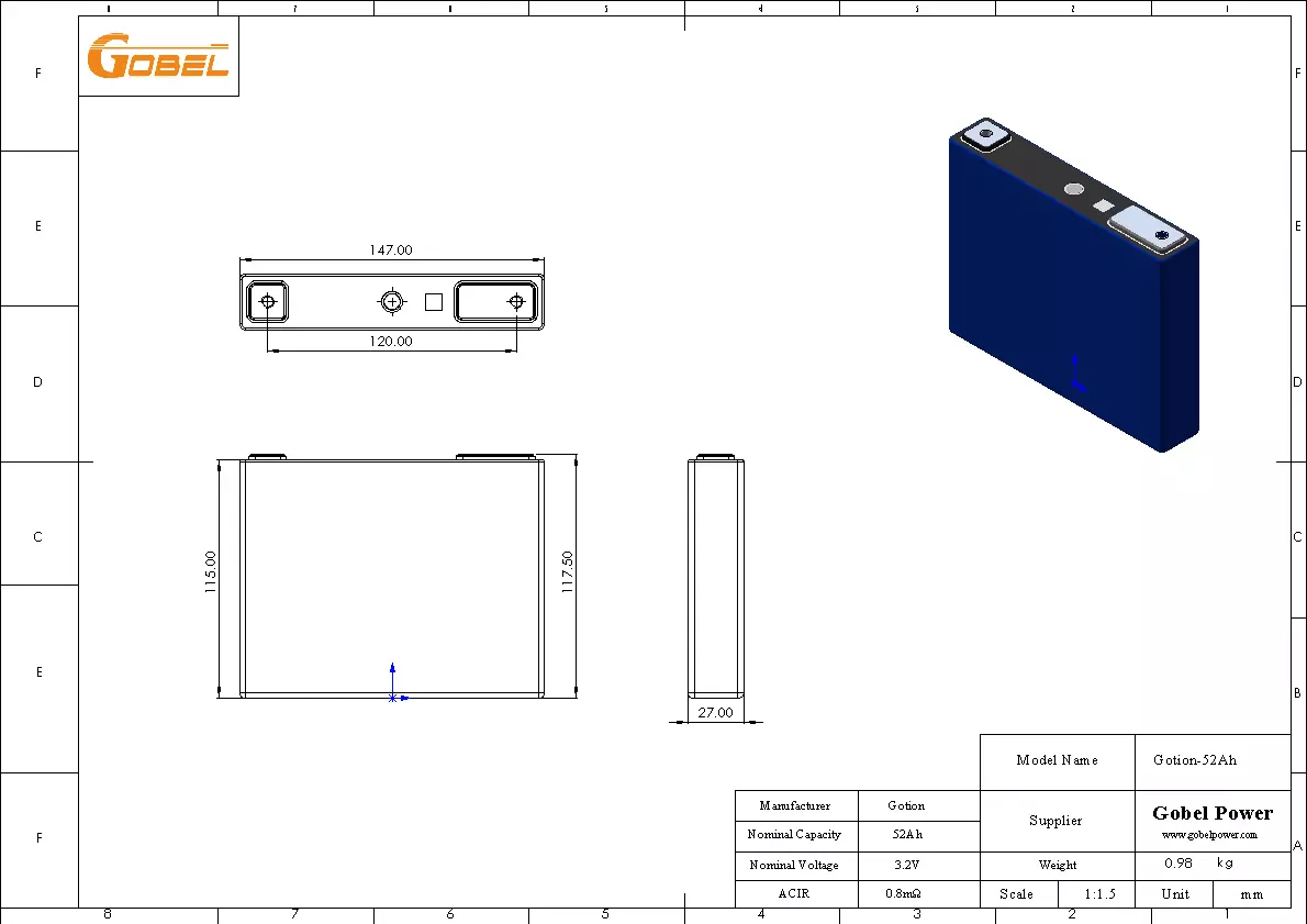 Gotion 52Ah LiFePO4 Battery Cell CAD Drawing with Dimensions and Main Parameters