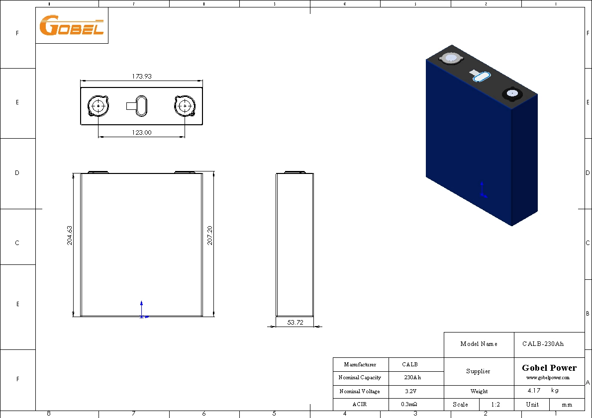 CALB 230Ah LiFePO4 Battery Cell CAD Drawing with Dimensions and Main Parameters