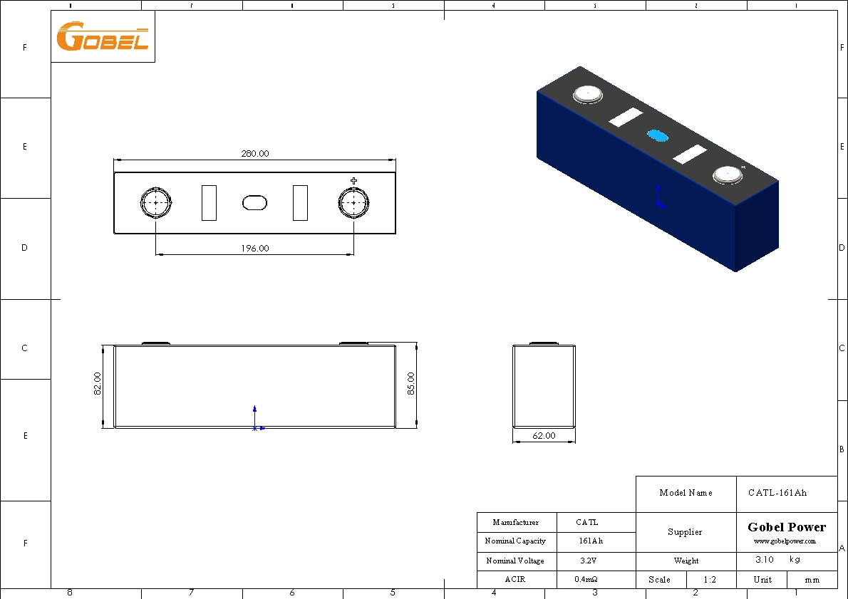 CATL 161Ah LiFePO4 Battery Cell CAD Drawing with Dimensions and Main Parameters