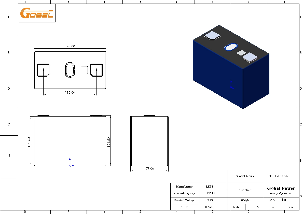 REPT 135Ah LiFePO4 Battery Cell CAD Drawing with Dimensions and Main Parameters
